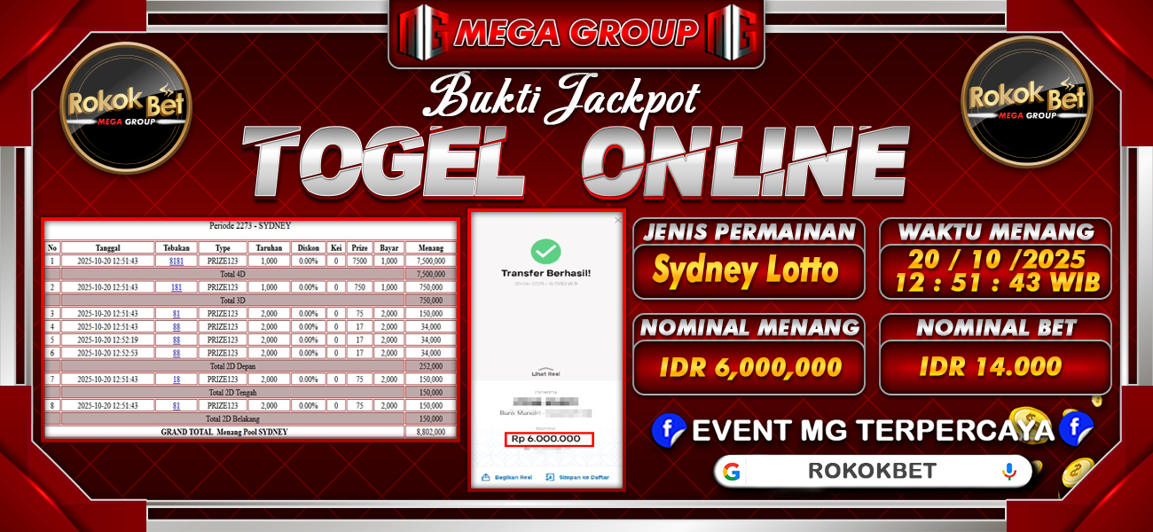 Bukti JP situs Rokokbet hari Senin, 20 Oktober 2025