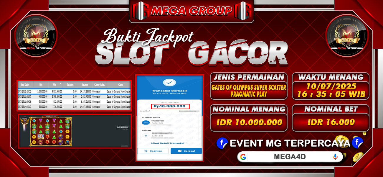 Bukti JP situs Mega4D hari Kamis, 10 Juli 2025