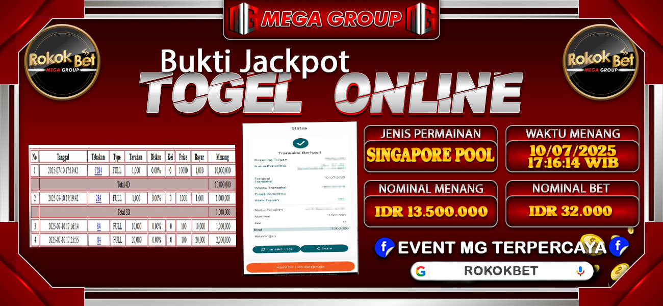 Bukti JP situs Rokokbet hari Kamis, 10 Juli 2025